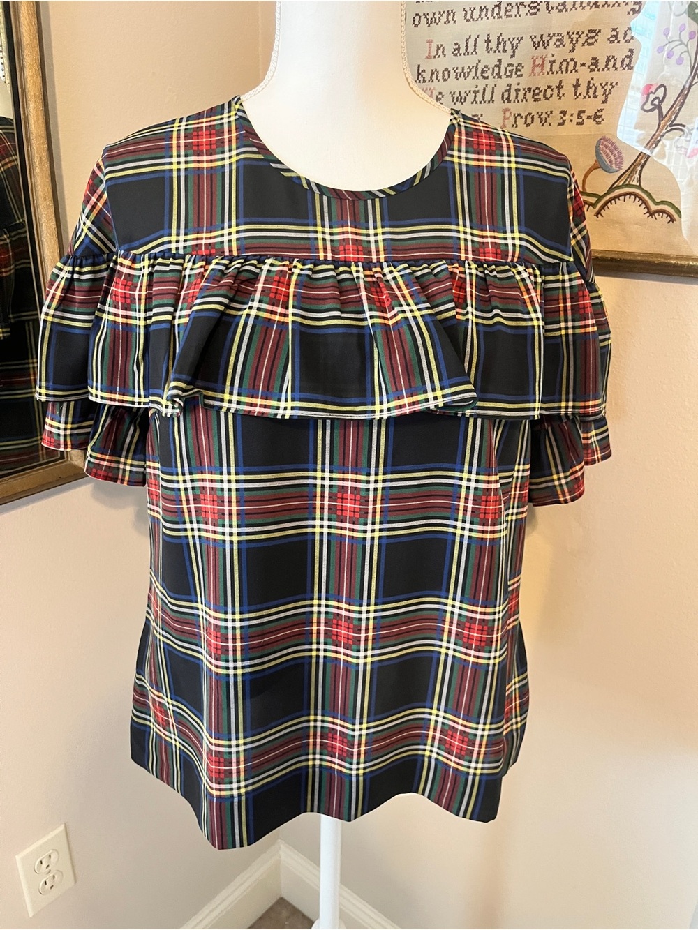 J. Crew Black Multi Plaid Ruffle-Yoke Blouse